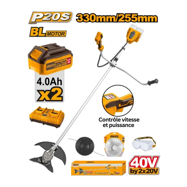 INGCO Débroussailleuse sans fil 40V Lithium-Ion + 2 batteries 4A et 1 chargeur rapide double port