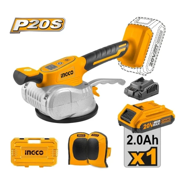 INGCO Ventouse de pose de carrelage 20V avec batterie + chargeur + genouillères