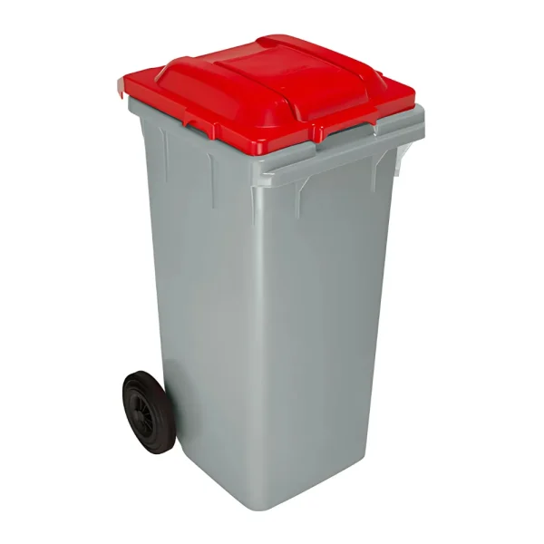 Poubelle avec roues gris couvercle rouge 120L