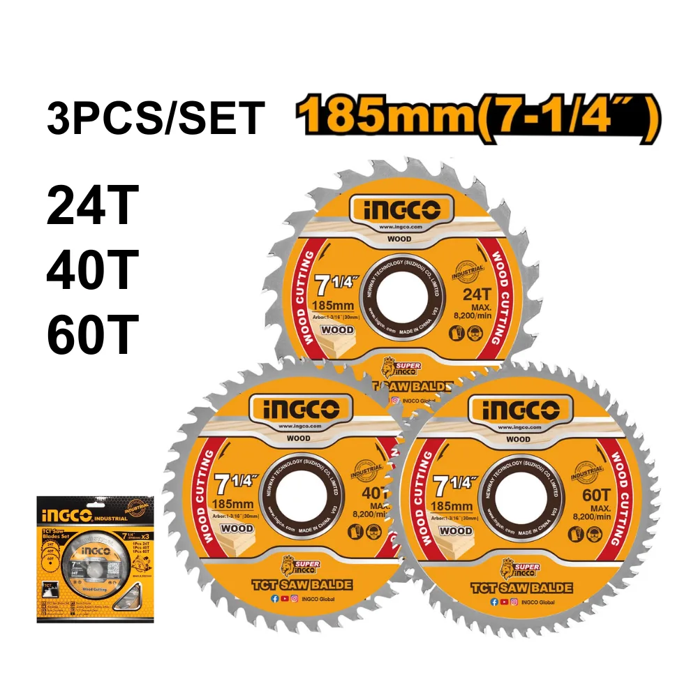 INGCO Jeu de lame de scie circulaire tct pour bois 24-40-60T 3 pièces