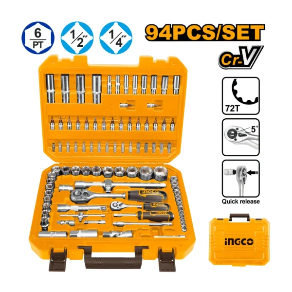 INGCO Coffret de douilles 94 pièces – 1/4 + 1/2