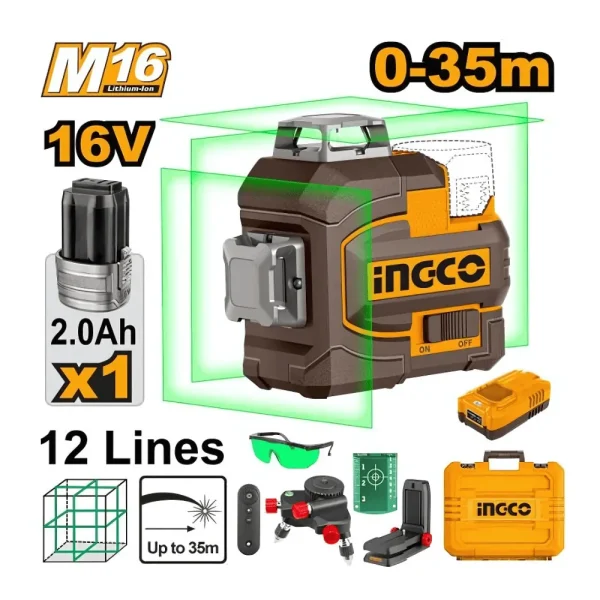 Niveau laser 360º sans fil 16V 0-35m 12 lignes faisceaux verts