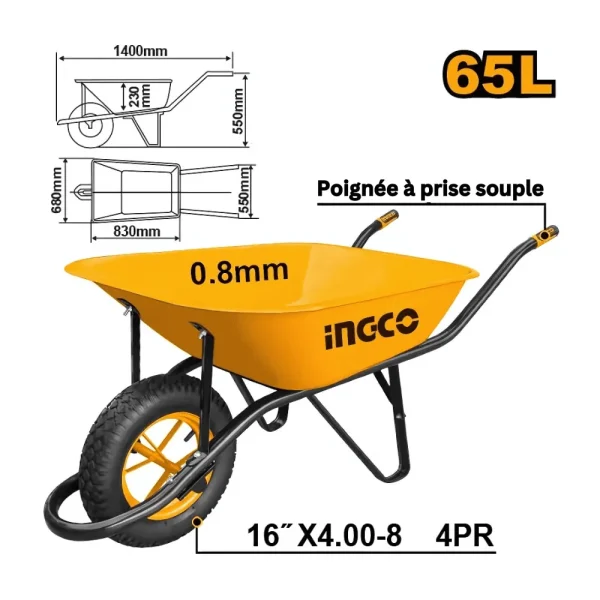 Brouette 130 kg poignée bi-matière prise souple