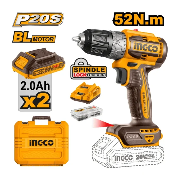 Perceuse sans fil 20V 52Nm avec 2 batteries 2A + 1 chargeur