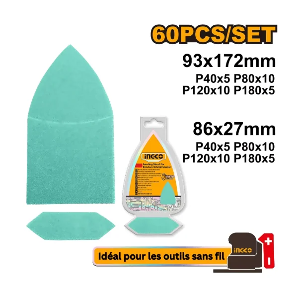 Lot de 60 feuilles abrasives 93x172 mm - 86x27 mm