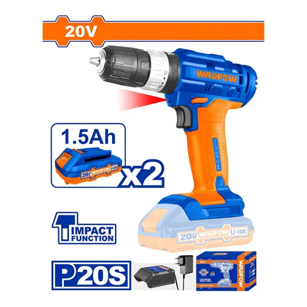 Perceuse à percussion 20V avec 2 batteries 1.5A + 1 chargeur
