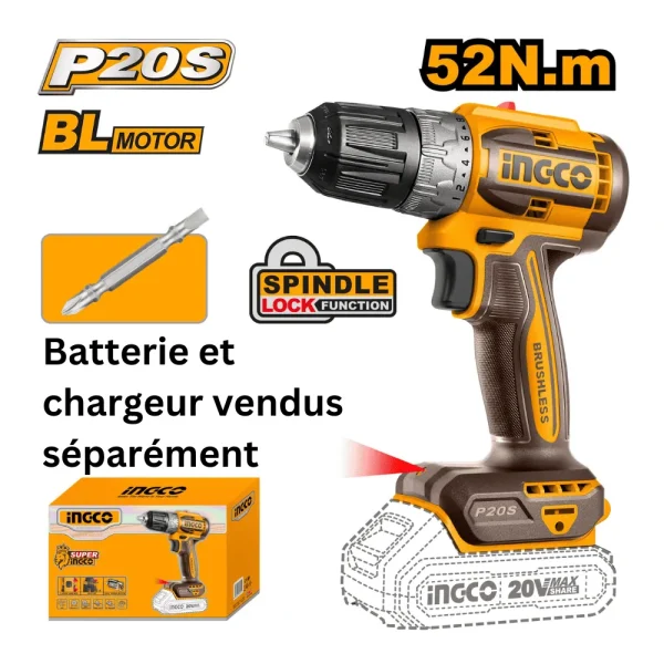 Perceuse sans fil 20V moteur sans charbon 52Nm