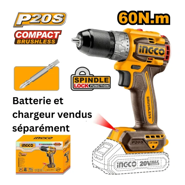 Perceuse sans fil Compact 20V moteur sans charbon 60Nm