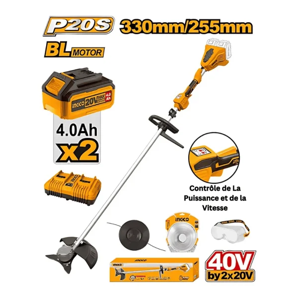 Débroussailleuse sans fil 40V Lithium-Ion + 2 batteries 4A et 1 chargeur rapide double port