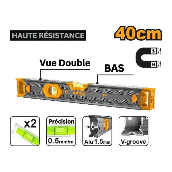Niveau maçon 40 cm magnétique alu vue double
