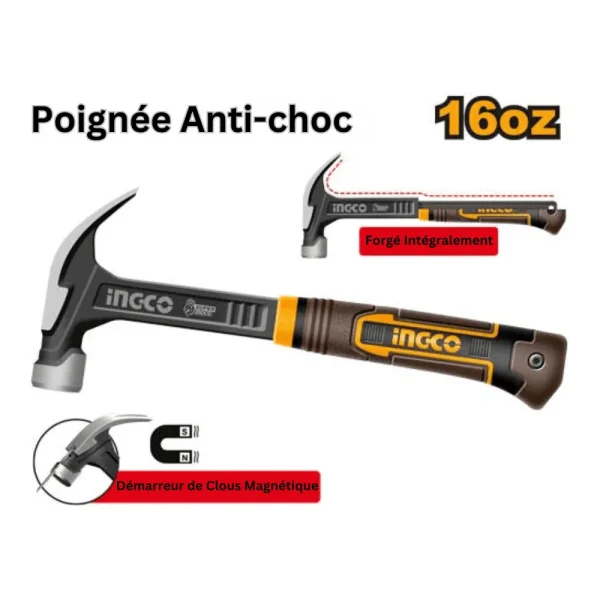 Marteau arrache clou 450g 16oz anti chocs