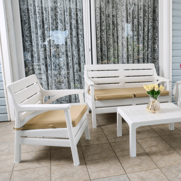 Salon de jardin 4 pièces en plastique avec coussins - Blanc – Image 2