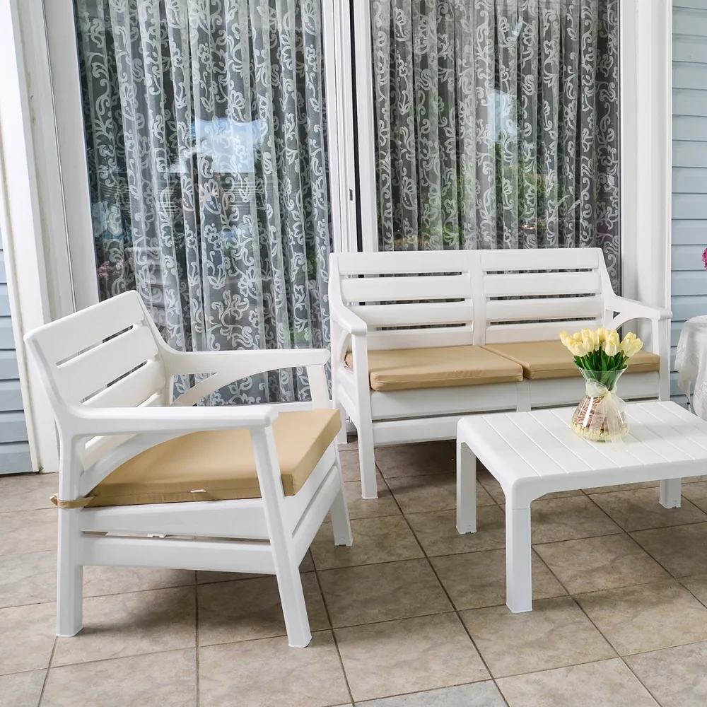 Salon de jardin 4 places en plastique avec coussins - Blanc – Image 2
