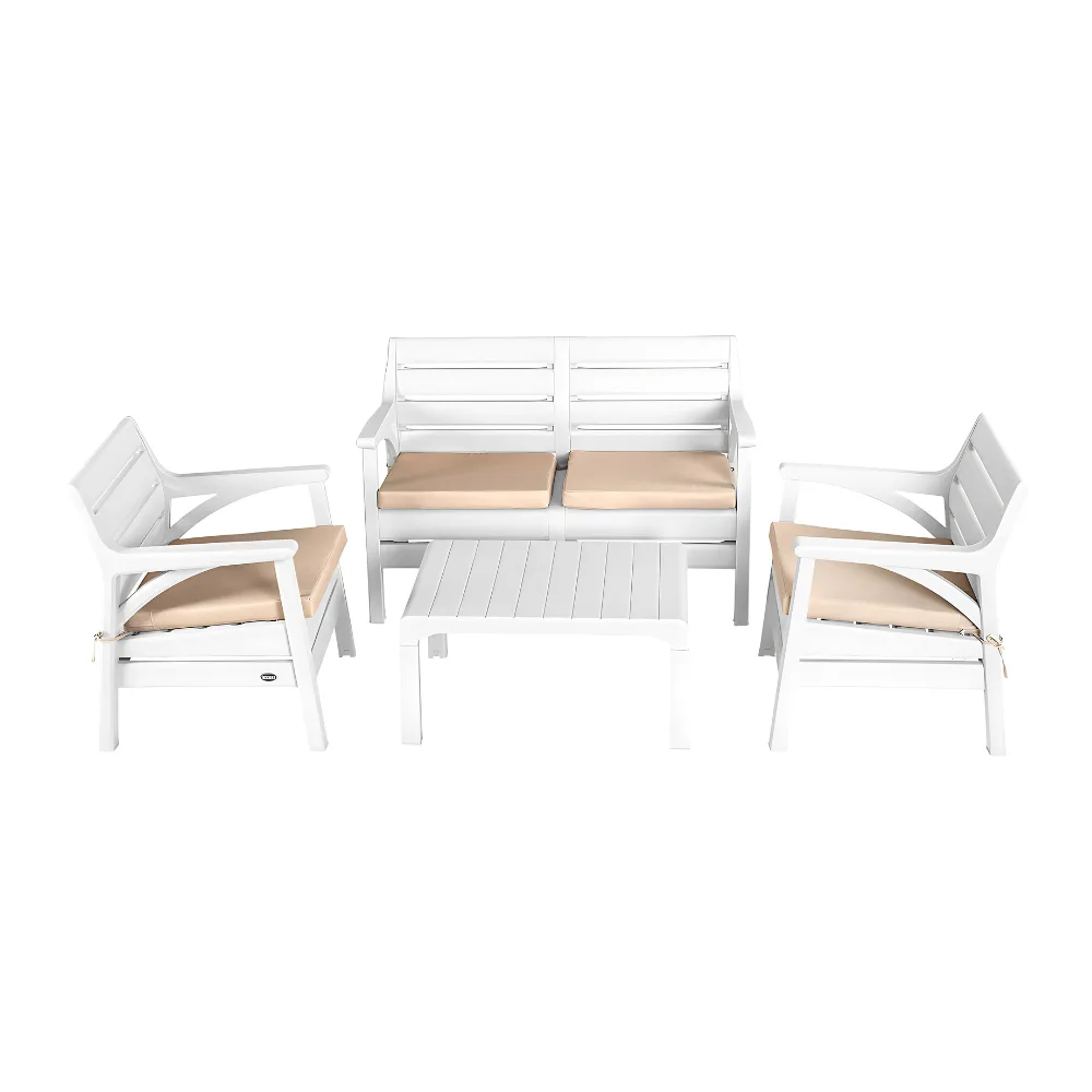 Salon de jardin 4 places en plastique avec coussins - Blanc