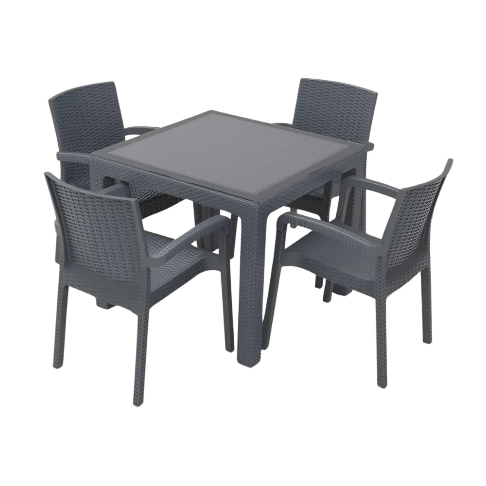 945.GRIS _Table vitré Aura Garden et 4 chaises 90×90 cm gris