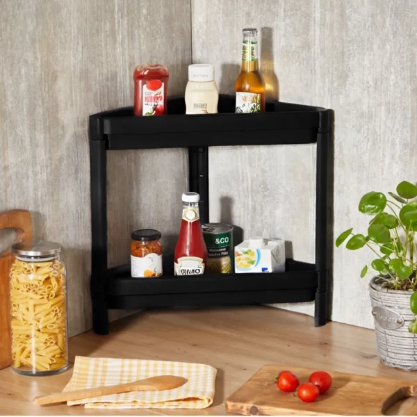 Étagère de rangement d’angle 3 niveaux modulable plateaux ajourés noir