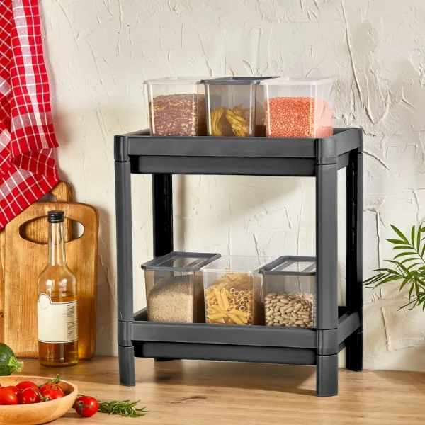Étagère de rangement rectangulaire 2 niveaux modulable plateaux ajourés noir