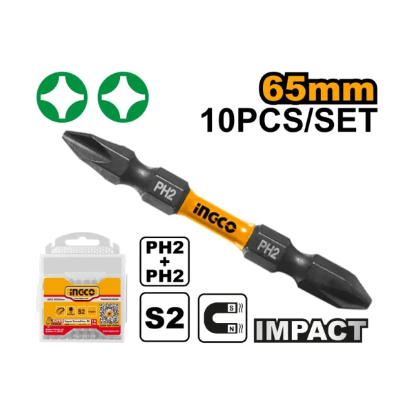 INGCO Coffret d'embouts de vissage PH2+PH2 65mm 10 pcs