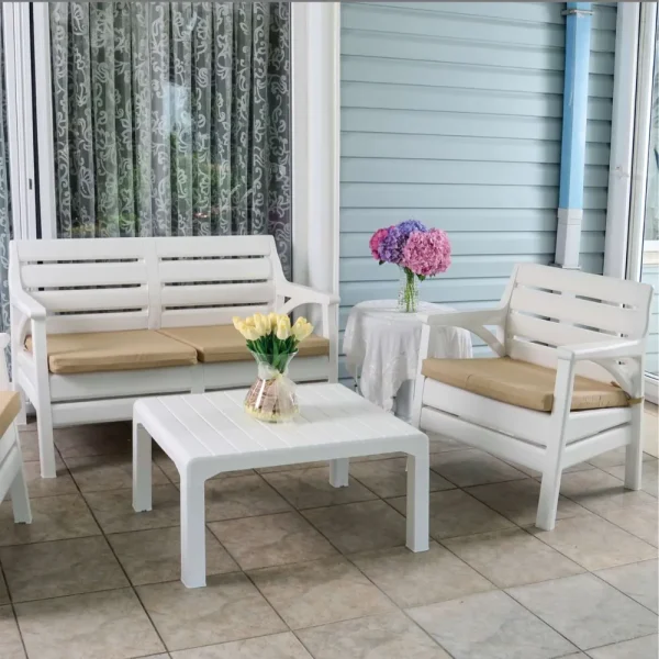 Salon de jardin 4 pièces en plastique avec coussins - Blanc – Image 3