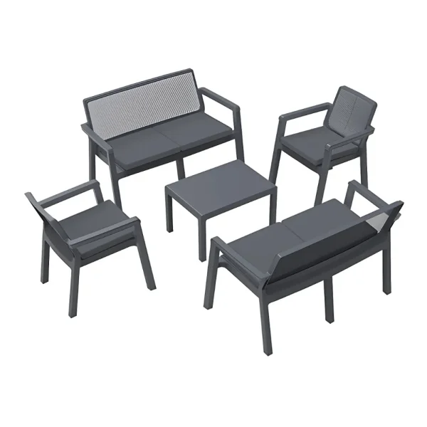 Salon d’extérieur Milano avec coussins – 6 places + table basse noire