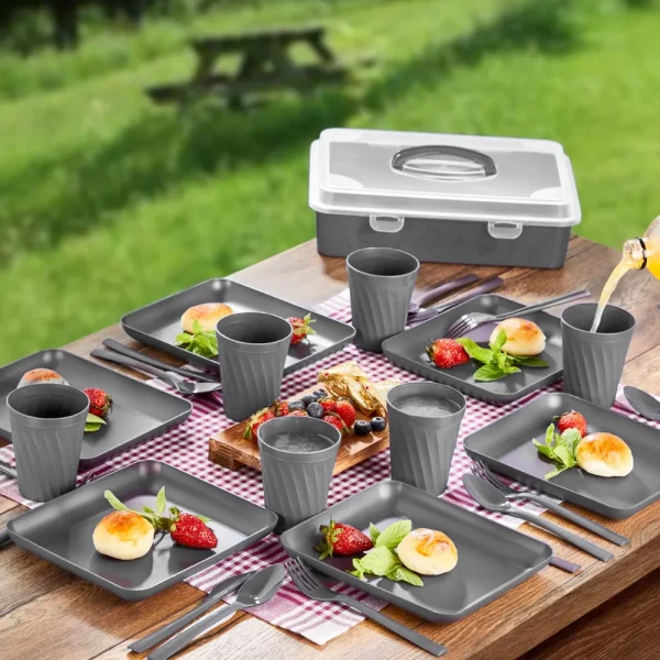 Set pique-nique 32 pièces (6 personnes) assiettes + verres + couverts – Image 3