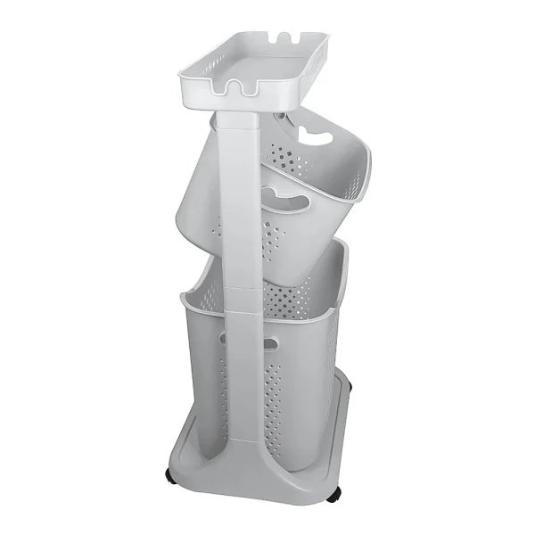 Étagère de rangement à roulettes 3 niveaux panier pivotant + panier à linge blanc – Image 2