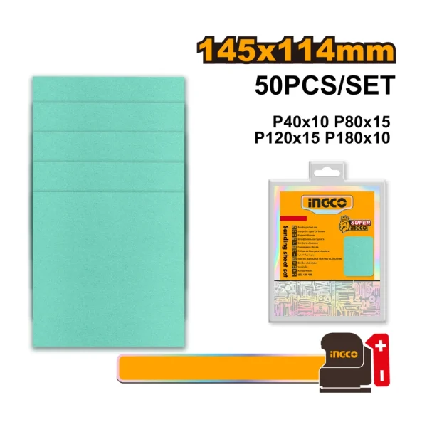 INGCO Lot de 50 Papiers à poncer abrasif P40-P80-P120-P180 (114x145mm)