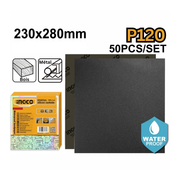 INGCO Lot de 50 feuilles de papier abrasif 230x280mm P120