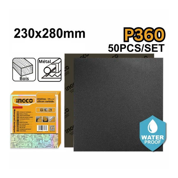 INGCO Lot de 50 feuilles de papier abrasif 230x280mm P360