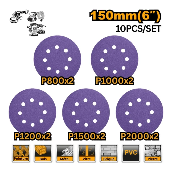 INGCO Lot de 10 disques à poncer violet 150mm (8trous)