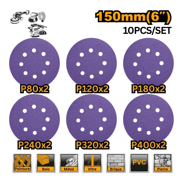 INGCO Lot de 10 disques à poncer violet 150mm (8trous)
