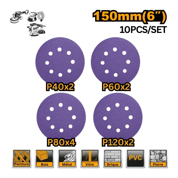 INGCO Lot de 10 disques à poncer violet 150mm (8trous)