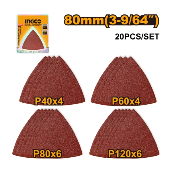INGCO Lot de 20 papiers abrasif Delta 80mm (P40-P60-P80-P120)
