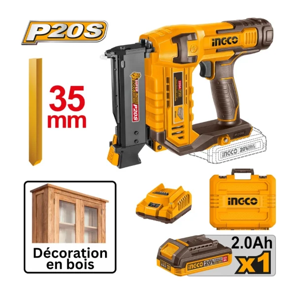 INGCO Cloueuse sans fil 20V (inclus 3600 clous de 25mm) avec 1batterie 2A + 1 chargeur
