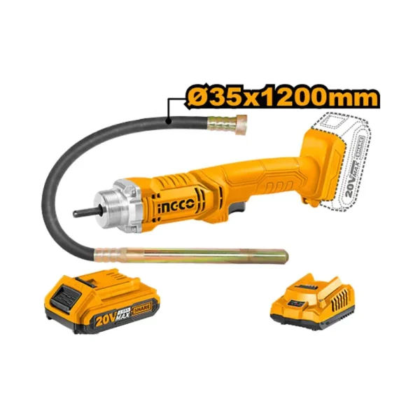 INGCO Vibreur à beton sans fil 20V (35x1200mm) avec 1 battterie 2A + 1 chargeur + 1 aiguille