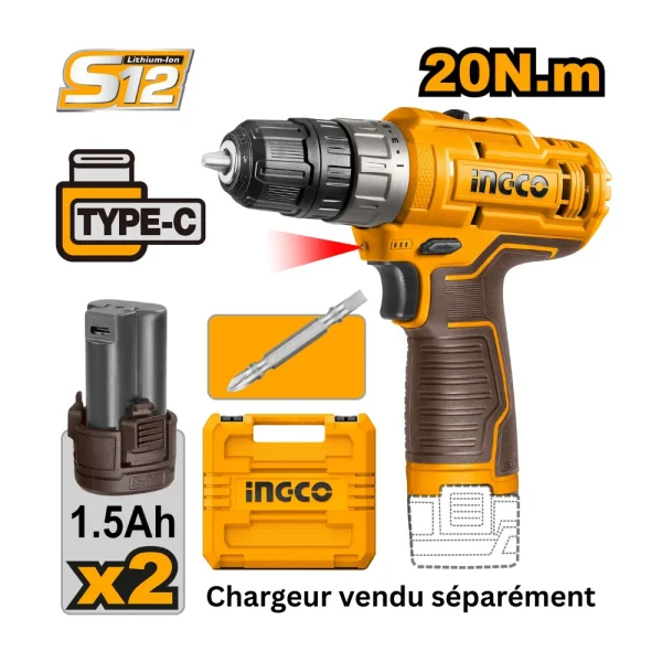 INGCO Perceuse visseuse sans fil 12V 20Nm + 2 batteries 1.5A