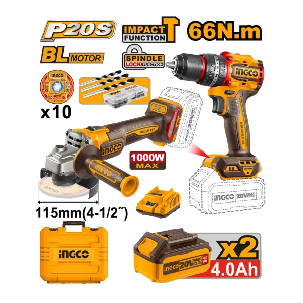 Kit 20V meuleuse + perceuse à percussion avec 2 batteries et 1 chargeur