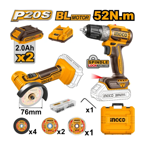 Kit 20V mini meuleuse + perceuse avec 2 batteries  2A et 1 chargeur
