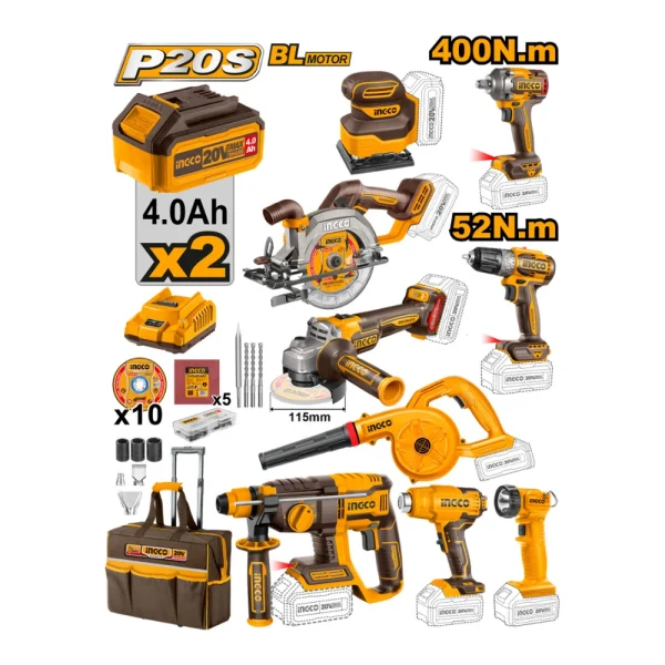 INGCO Ensemble d'outils sans fil 9 pcs 20V