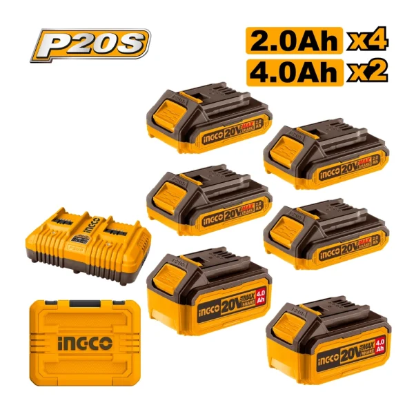 INGCO Kit de 6 batterie 20V (2A & 4A) et 1 chargeur