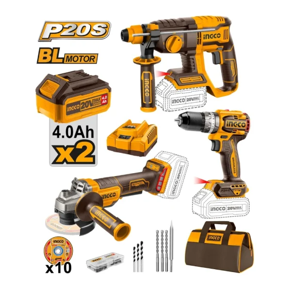 INGCO Combos de 3 outils sans fil 20V avec 2 batteries 4A + 1 chargeur & accessoires