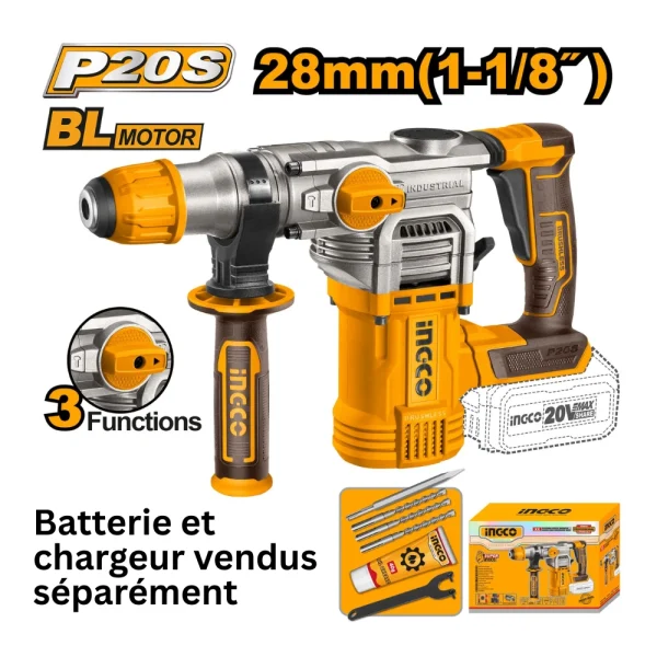 INGCO Marteau perforateur sans fil 20V 28mm 4.5J + accessoires