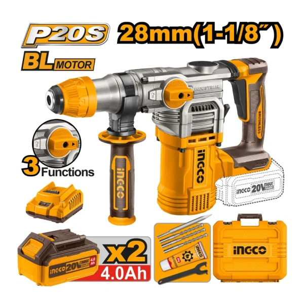 INGCO Marteau perforateur sans fil 20V 28mm 4.5J avec 2 batteries 4A + 1 chargeur