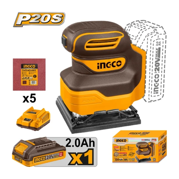 INGCO Ponceuse à  papier sans fil 20V avec 1 batterie 2A + 5 papier de verre