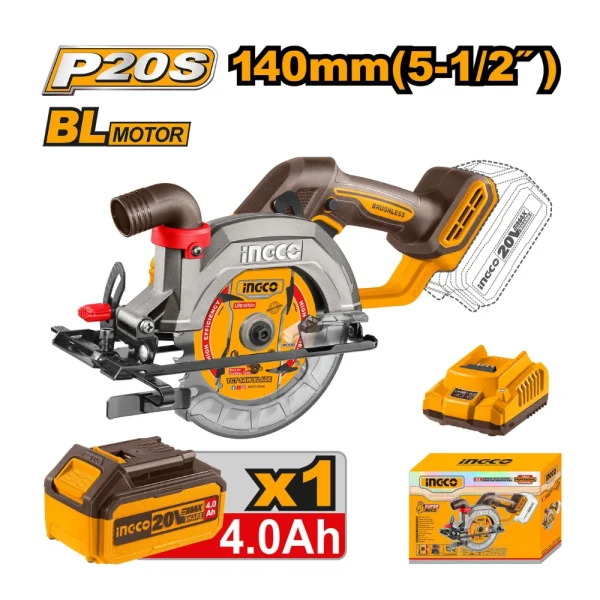 INGCO Scie circulaire sans fil 20V avec 1 batterie 4A + 1chargeur+ 1 lame (6300 tr / min)