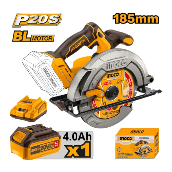 INGCO Scie circulaire sans fil 20V avec 1 batterie 4A + 1chargeur+ 1 lame (4800 tr / min)