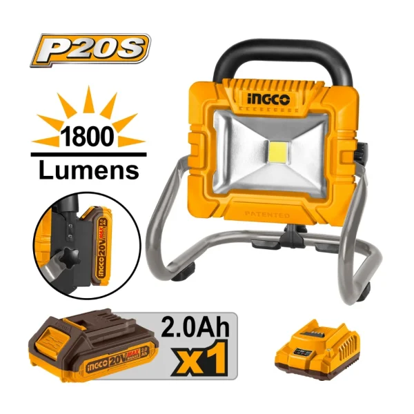 INGCO Projecteur Led sans fil 20V avec 1 batterie 2A + 1chargeur