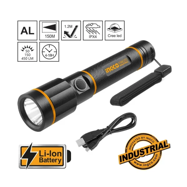 INGCO Lampe de poche  LED rechargeable et étanche (450 lumens)