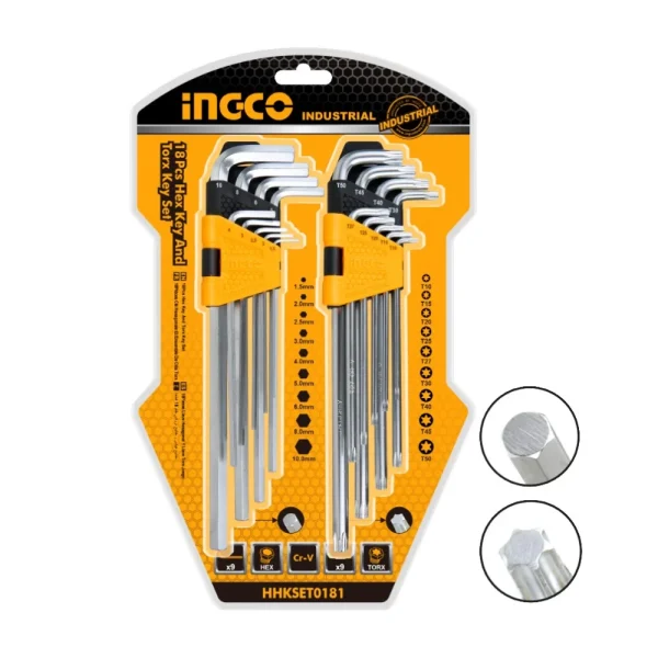 INGCO Jeu de 18 clés hexagonales et Torx