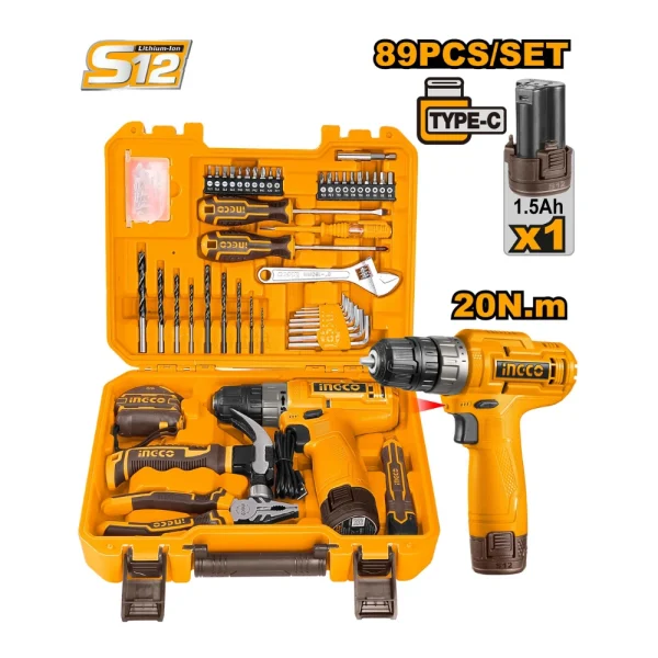 INGCO Pack perceuse-visseuse sans fil 12V avec 89 outils